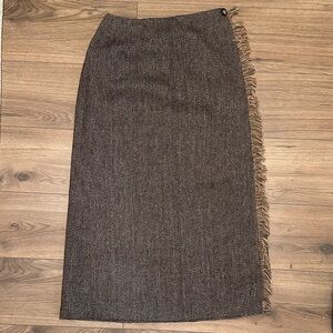 Harve Benard Brown Herringbone Pencil Skirt with Fringe Trim